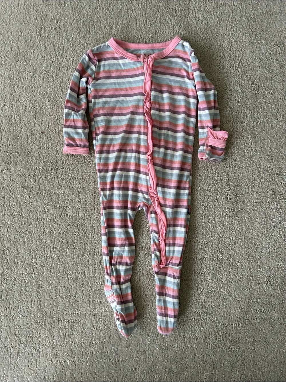 Kickee pants striped bamboo ruffle footie onesie 3-6 months bamboo